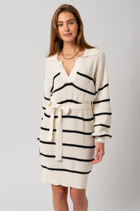 White-Black Stripe Long Sleeve Stripe Sweater Dress