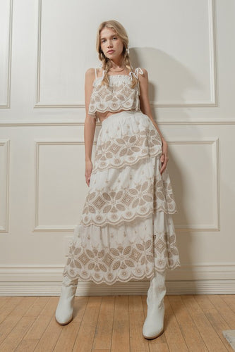 Off White Embroidery Top Maxi Skirt Set