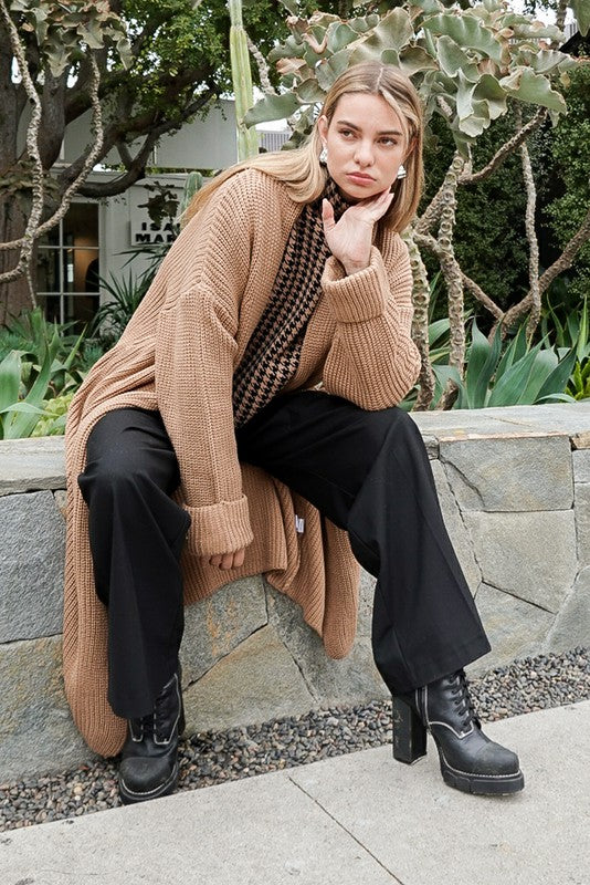 Mocha Long Slouchy Cardigan With Belt