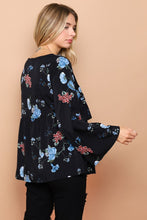 Black Floral Bell Sleeve V-Neck Tiered Top