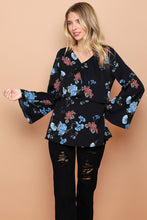 Black Floral Bell Sleeve V-Neck Tiered Top