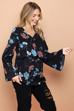 Black Floral Bell Sleeve V-Neck Tiered Top