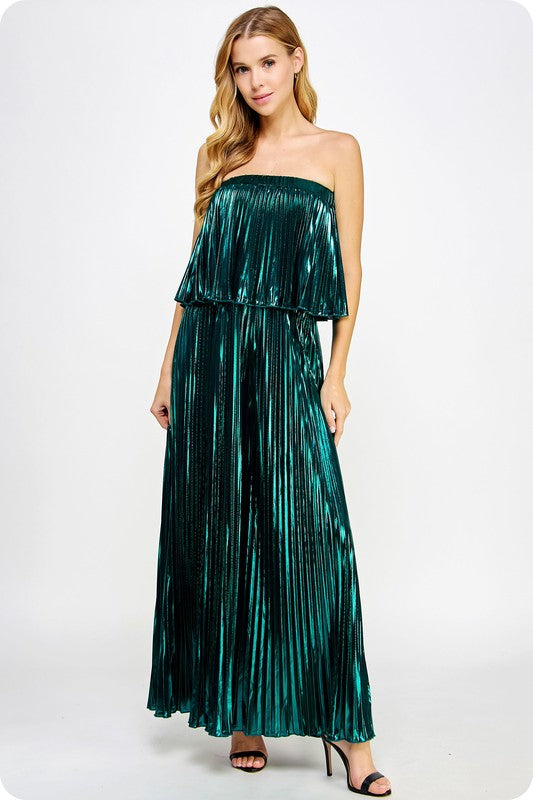 Teal Pleated Metallic Tube Jumpsuit