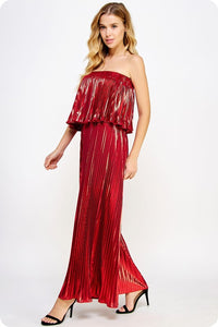 Red Pleated Metallic Tube Jumpsuit