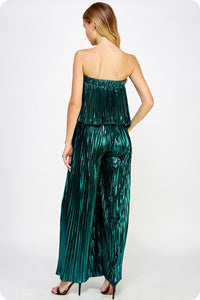Teal Pleated Metallic Tube Jumpsuit