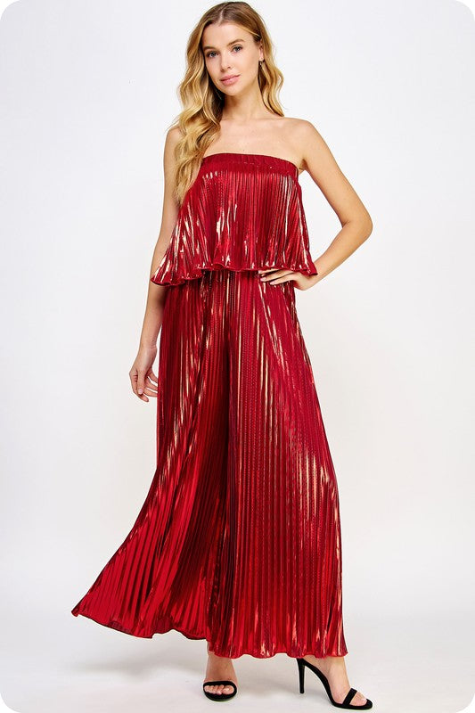 Red Pleated Metallic Tube Jumpsuit