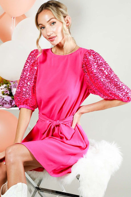 Fuchsia Sequin Baloon Sleeves Dress