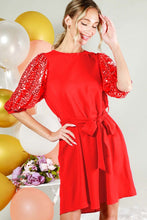 Red Sequin Baloon Sleeves Dress