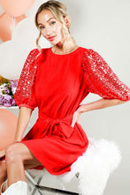 Red Sequin Baloon Sleeves Dress