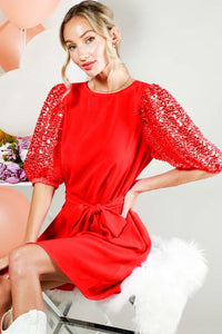 Red Sequin Baloon Sleeves Dress