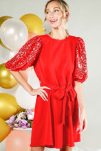 Red Sequin Baloon Sleeves Dress
