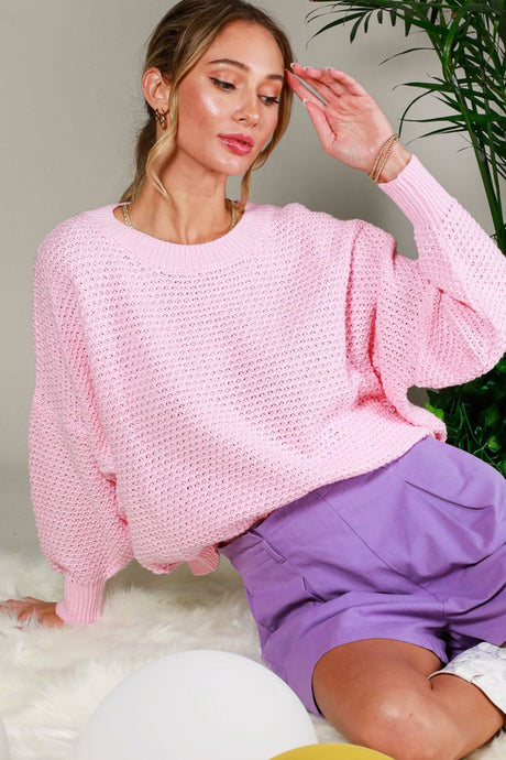 Pink Crew Neck Long Sleeve Textured Sweater Top