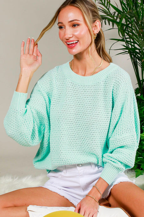 Mint Crew Neck Long Sleeve Textured Sweater Top