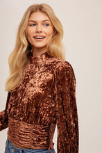 Chocolate High Collar Smocked Waist Velvet Top