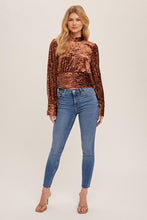 Chocolate High Collar Smocked Waist Velvet Top