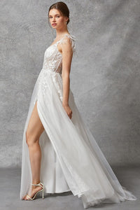 Off White Sleeveless V Neck A Line Wedding Dress