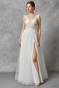 Off White Sleeveless V Neck A Line Wedding Dress