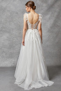 Off White Sleeveless V Neck A Line Wedding Dress