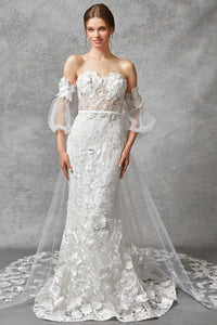 Off White Strapless Sweetheart Puff Sleeve Wedding Dress