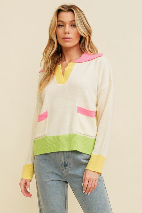 Cream Multi Color Block Pocket Detail Sweater