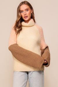 Cream/Peach/Brown Color Block Sweater With Turtleneck