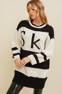 Black/Cream "SKI" Print Long Sleeve Knit Sweater Dress