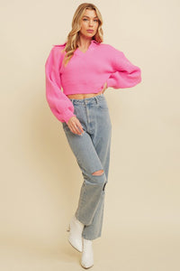 Pink Ribbedv Neck Sweater