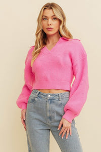 Pink Ribbedv Neck Sweater