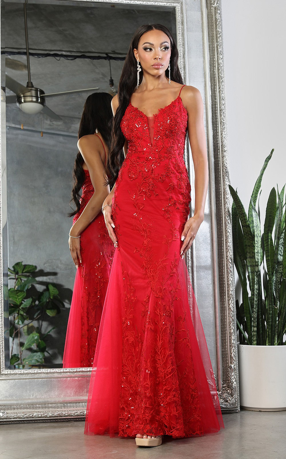 Red Embroidered Tulle Long Evening Gown