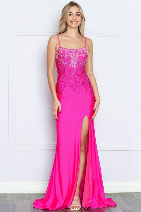 Hot Pink Hot Fix Rhinestone Trumpet Dress