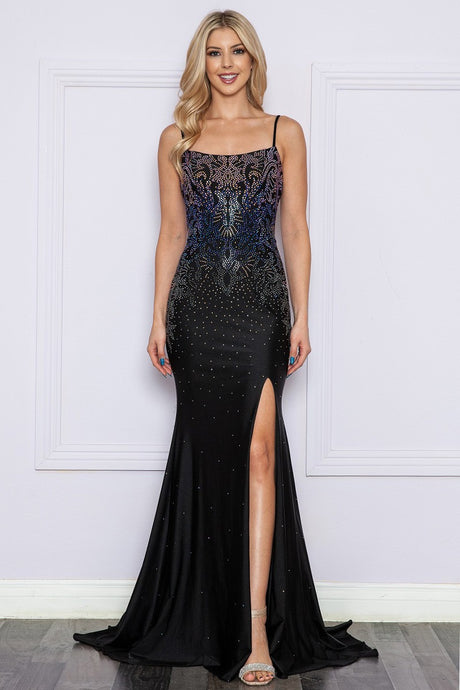 Black Hot Fix Rhinestone Trumpet Dress
