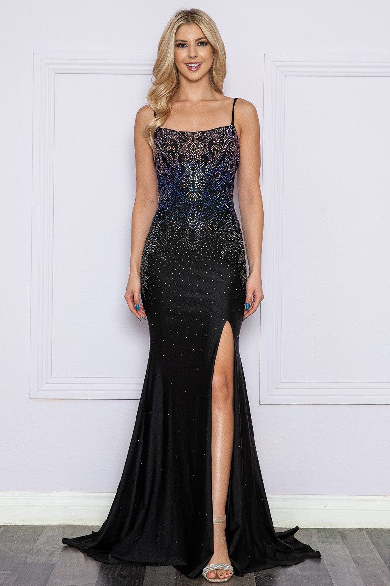 Black Hot Fix Rhinestone Trumpet Dress