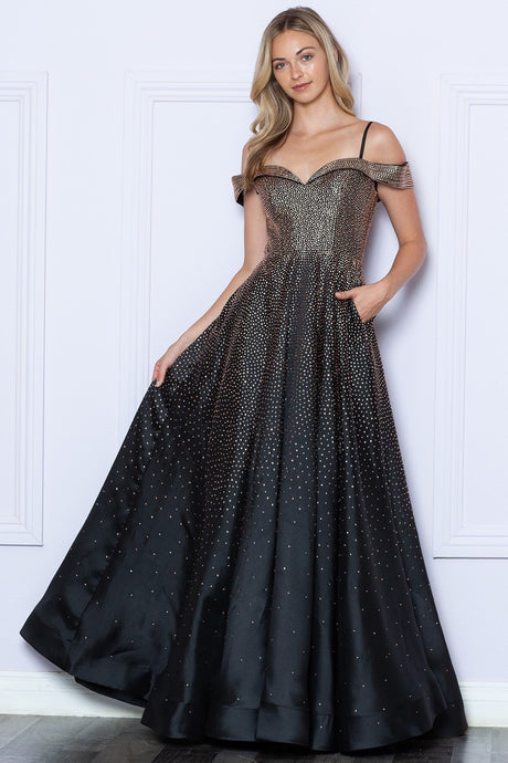 Black/Rose Gold Off Shoulder Hotfix Rhinestone A Line Dress