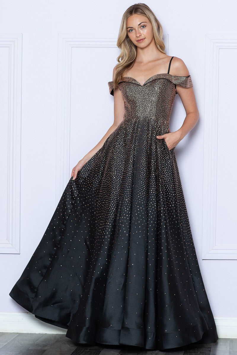 Black/Rose Gold Off Shoulder Hotfix Rhinestone A Line Dress Aquarius Brand Black/Rose Gold Off Shoulder Hotfix Rhinestone A Line Dress Aquarius Brand