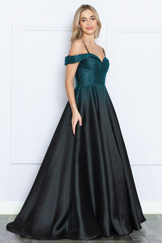 Black/Turquoise Off Shoulder Hotfix Rhinestone A Line Dress