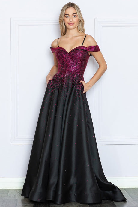 Black/Fuchsia Off Shoulder Hotfix Rhinestone A Line Dress