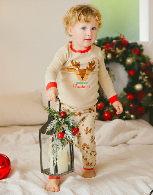 Beige Reindeer Christmas Long Sleeve Pajamas Set