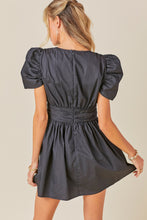 Black V Neck Ruched Waist Puff Sleeve Romper Dress