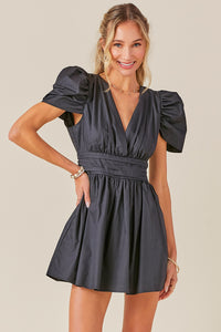 Black V Neck Ruched Waist Puff Sleeve Romper Dress