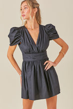 Black V Neck Ruched Waist Puff Sleeve Romper Dress