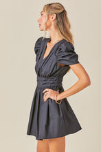 Black V Neck Ruched Waist Puff Sleeve Romper Dress
