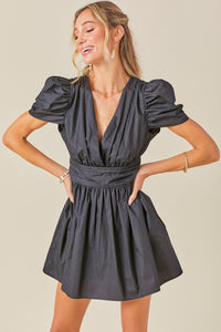 Black V Neck Ruched Waist Puff Sleeve Romper Dress