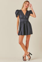 Black V Neck Ruched Waist Puff Sleeve Romper Dress