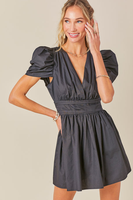 Black V Neck Ruched Waist Puff Sleeve Romper Dress