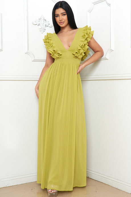 Lime Layered Ruffle On The Side Maxi Dress
