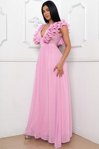 Pink Layered Ruffle On The Side Maxi Dress