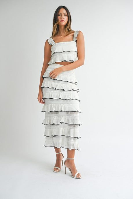 Cream Contrast Detail Ruffle Knit Top And Skirt Set