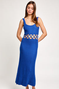 Blue Square Neck Sleeveless Crochet Midi Dress