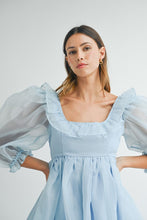 Blue Square Neck Ruffle Babydoll Dress