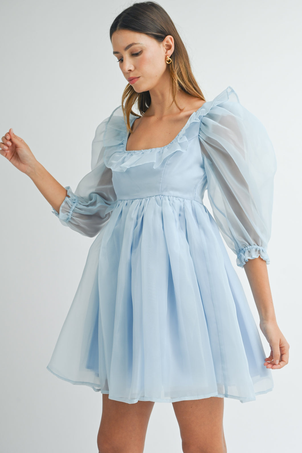 Blue Square Neck Ruffle Babydoll Dress